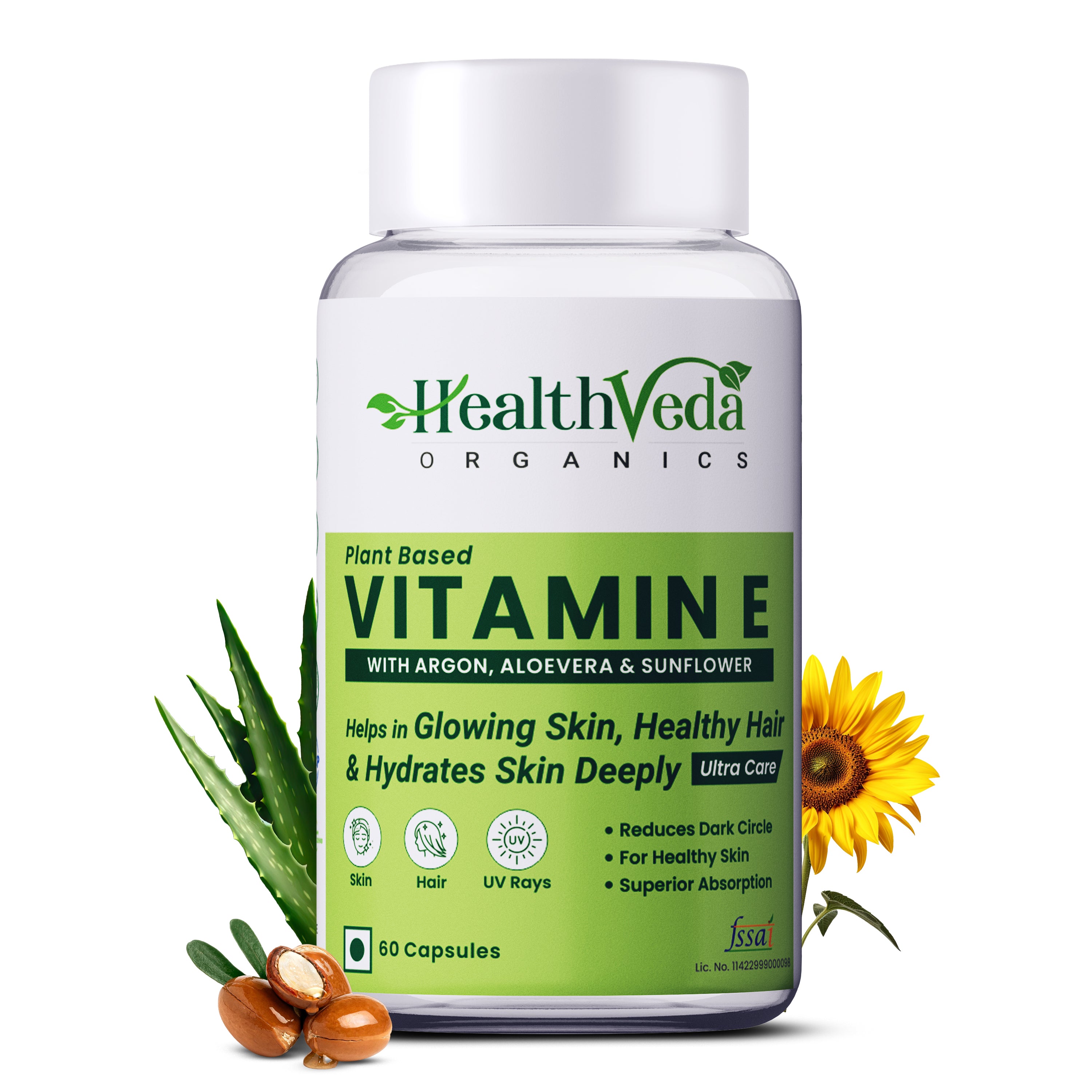 Health Veda Organics Vitamin E Capsules with Argan & Aloe Vera Oil | 60 Veg Capsules | Supports Healthy Hair & Beautiful Skin