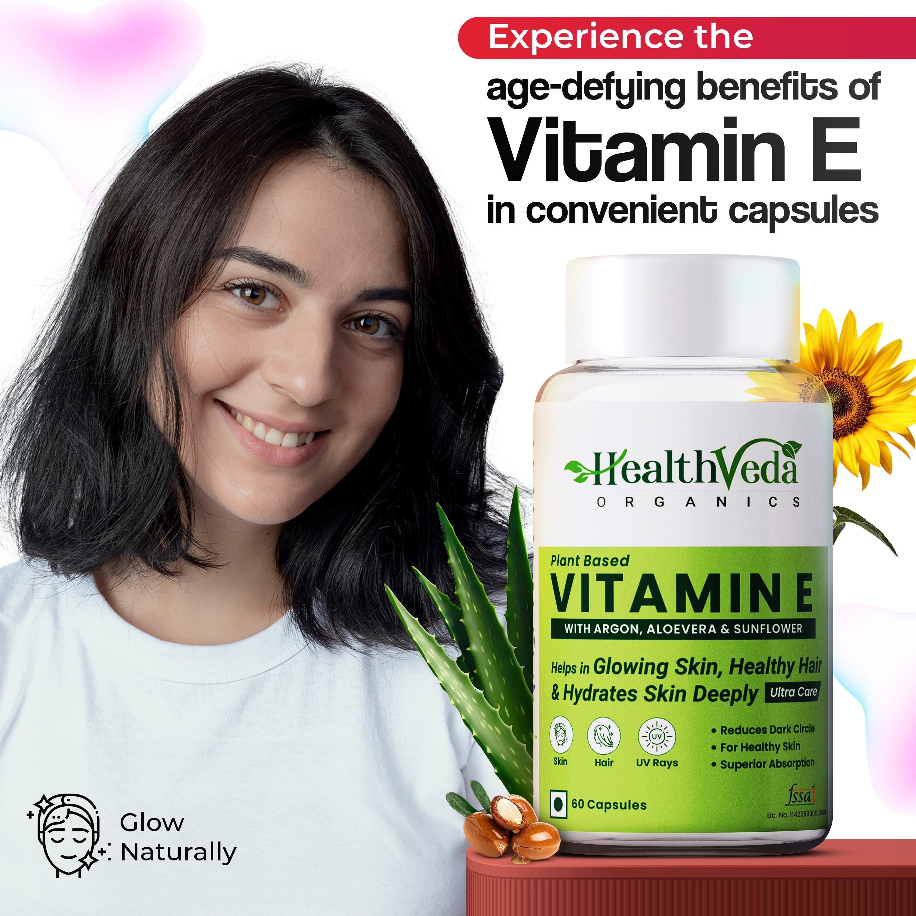Health Veda Organics Vitamin E Capsules with Argan & Aloe Vera Oil | 60 Veg Capsules | Supports Healthy Hair & Beautiful Skin