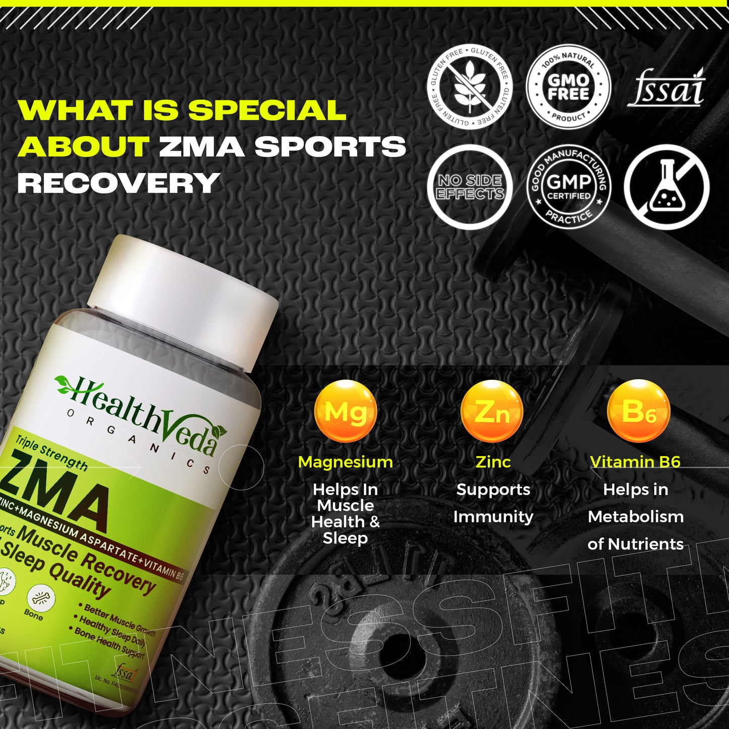 Health Veda Organics ZMA (Zinc, Magnesium Aspartate & Vitamin B6) | Nighttime Muscle Recovery Supplements for Muscle Strength | For Both Men & Women | 60 Veg Tablets