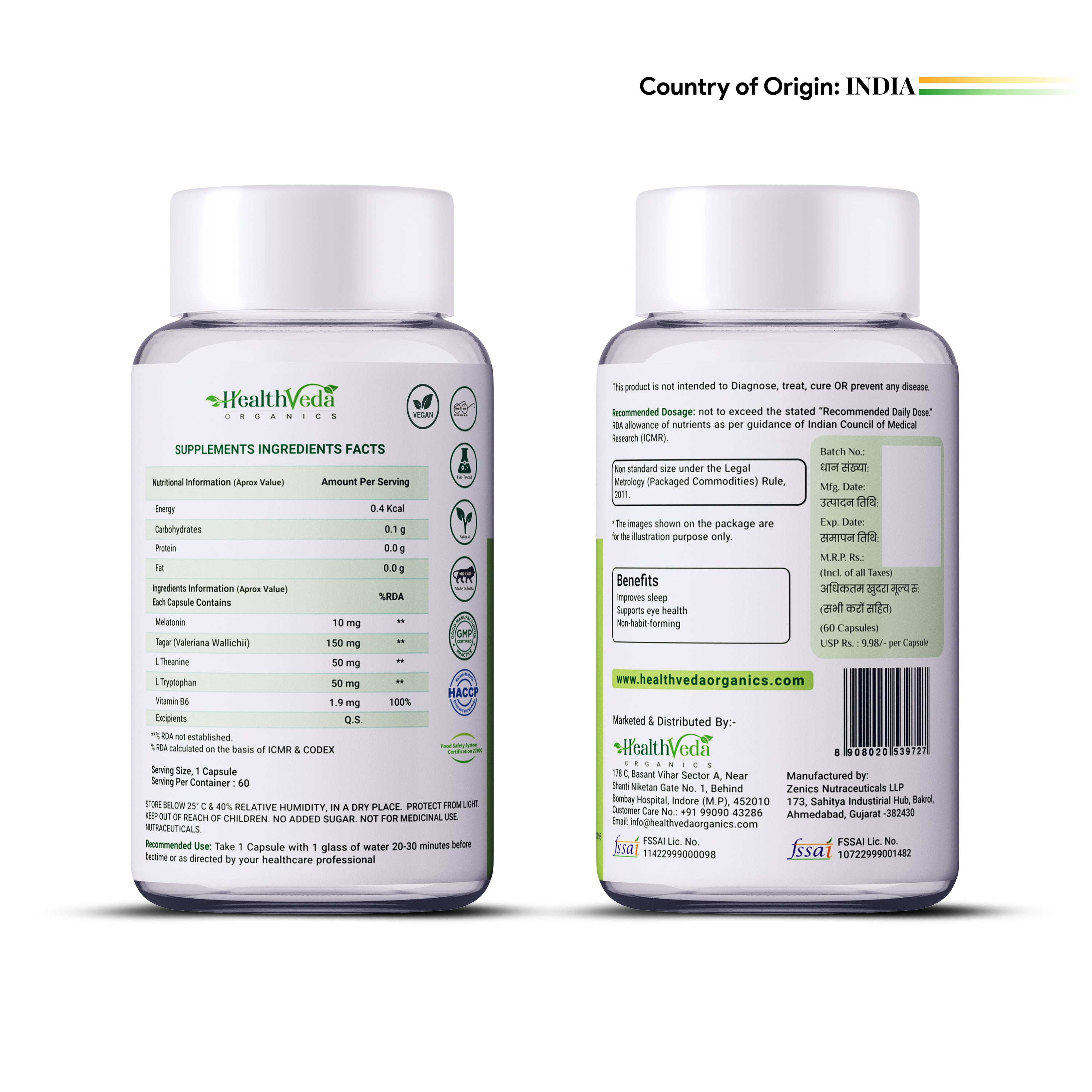 Health Veda Organics Melatonin Capsules 10mg For Healthy Sleep Cycle - 60 Veg Capsules