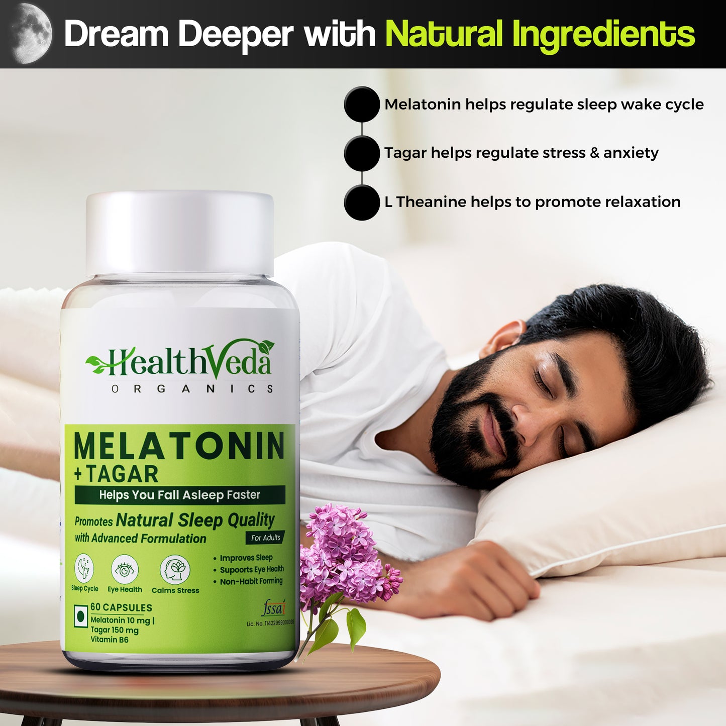 Health Veda Organics Melatonin Capsules 10mg For Healthy Sleep Cycle - 60 Veg Capsules