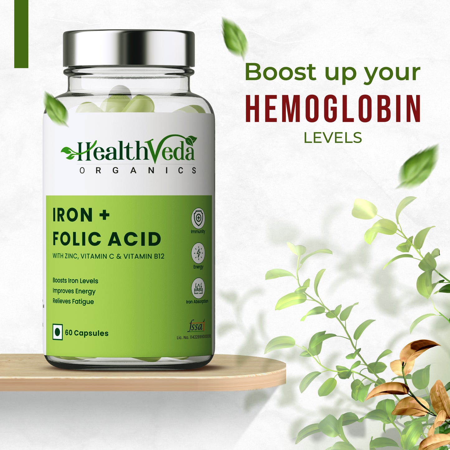 Health Veda Organics Iron + Folic Acid Supplement with Zinc, Vitamin C & Vitamin B12 | 60 Veg Capsules
