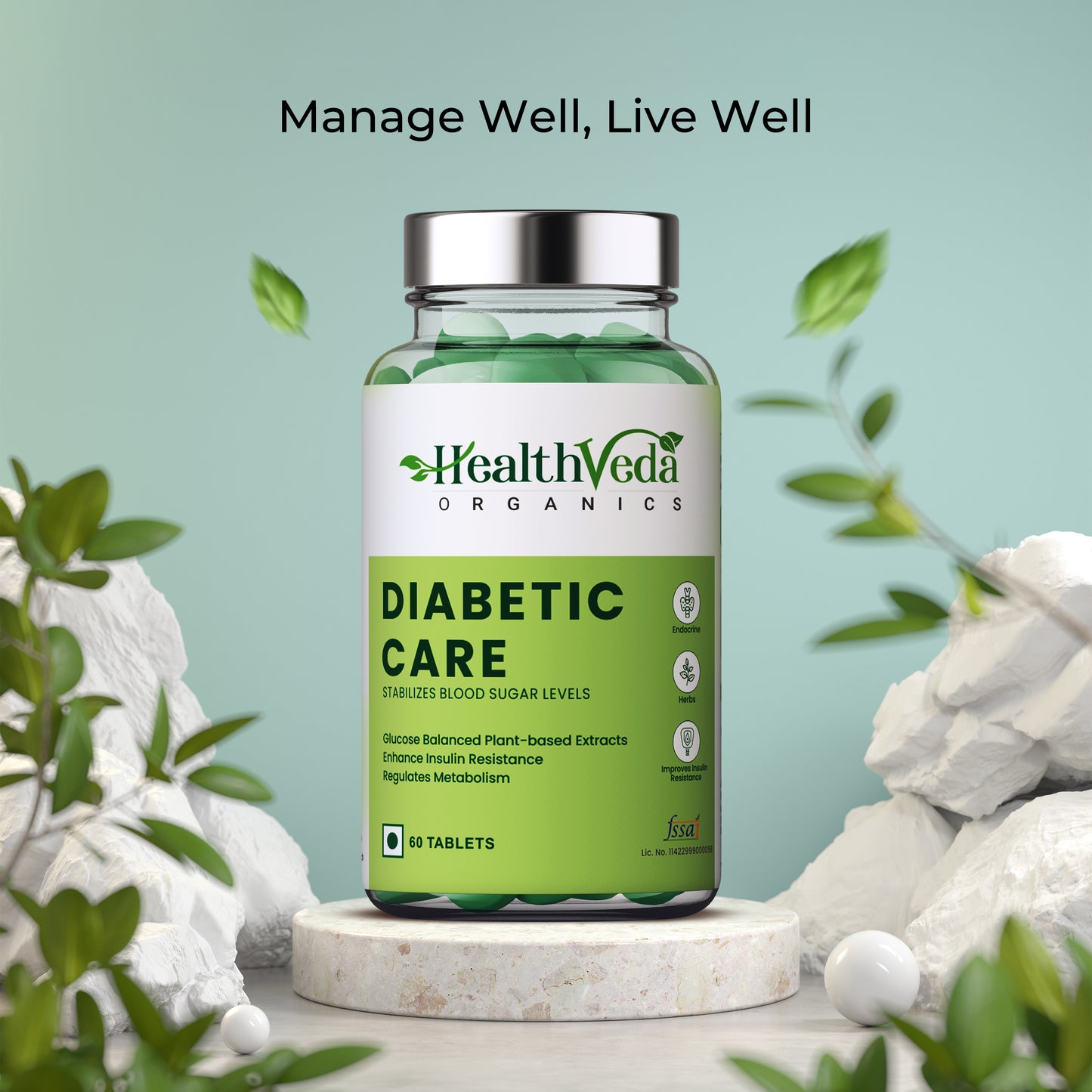 Health Veda Organics Diabetic Care Supplements for Management of Blood Sugar Levels - 60 Veg Tablets for Both Men & Women