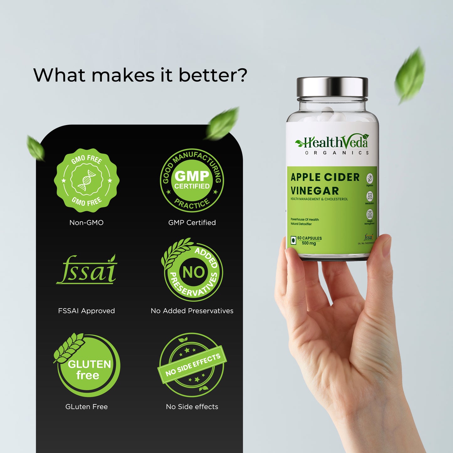 Health Veda Organics Apple Cider Vinegar 500 mg Capsules for Weight Loss & Improves Cholesterol Levels - 60 Veg Capsules