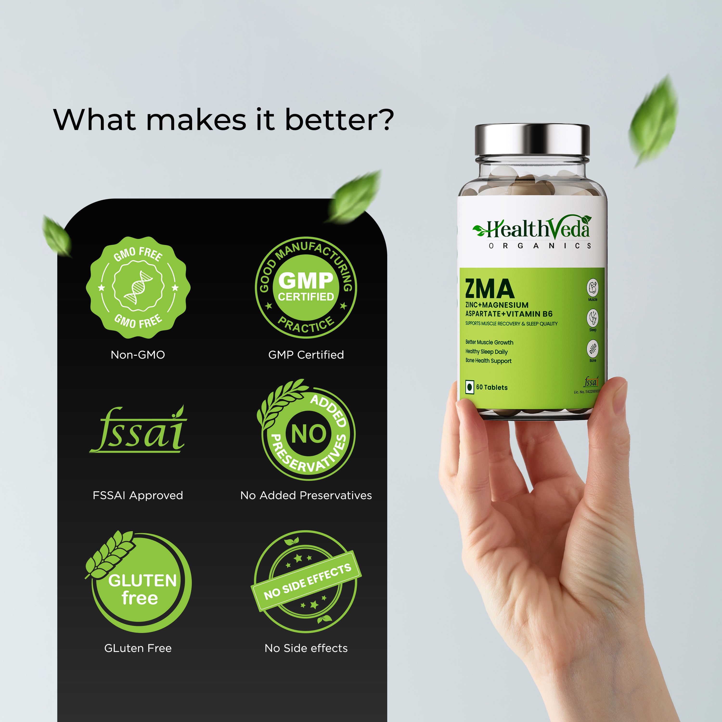 Health Veda Organics ZMA Zinc Magnesium Aspartate Vitamin B6 Ni