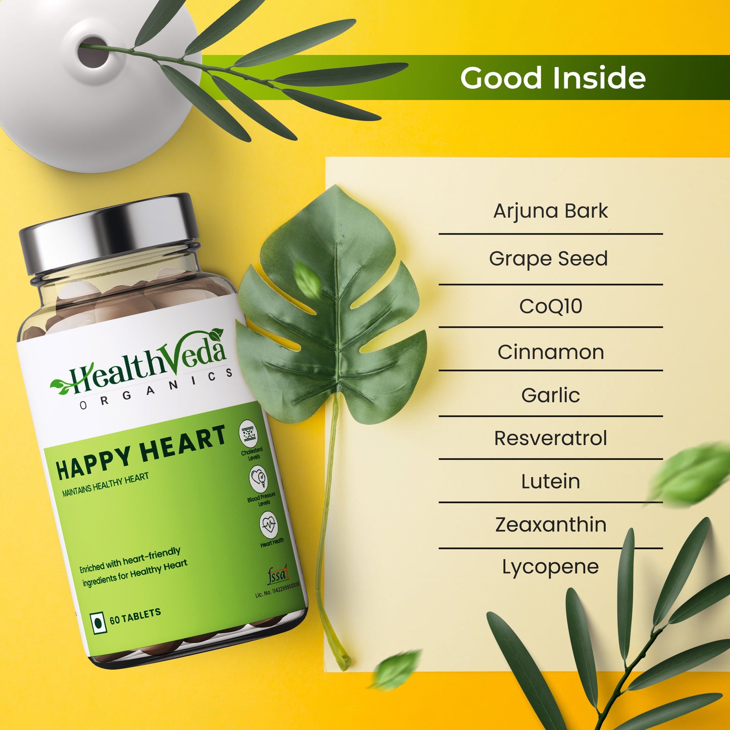 Health Veda Organics Happy Heart Supplement | Supports Heart Health & Enhances Blood Circulation - 60 Veg Tablets