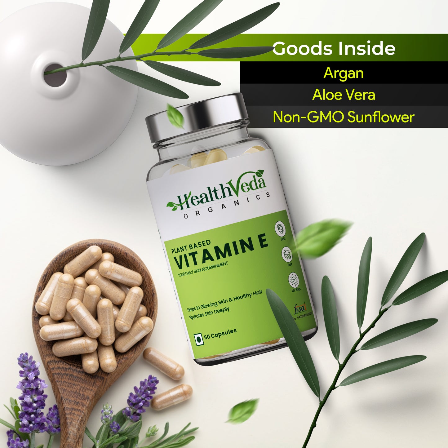 Health Veda Organics Vitamin E Capsules with Argan & Aloe Vera Oil | 60 Veg Capsules | Supports Healthy Hair & Beautiful Skin
