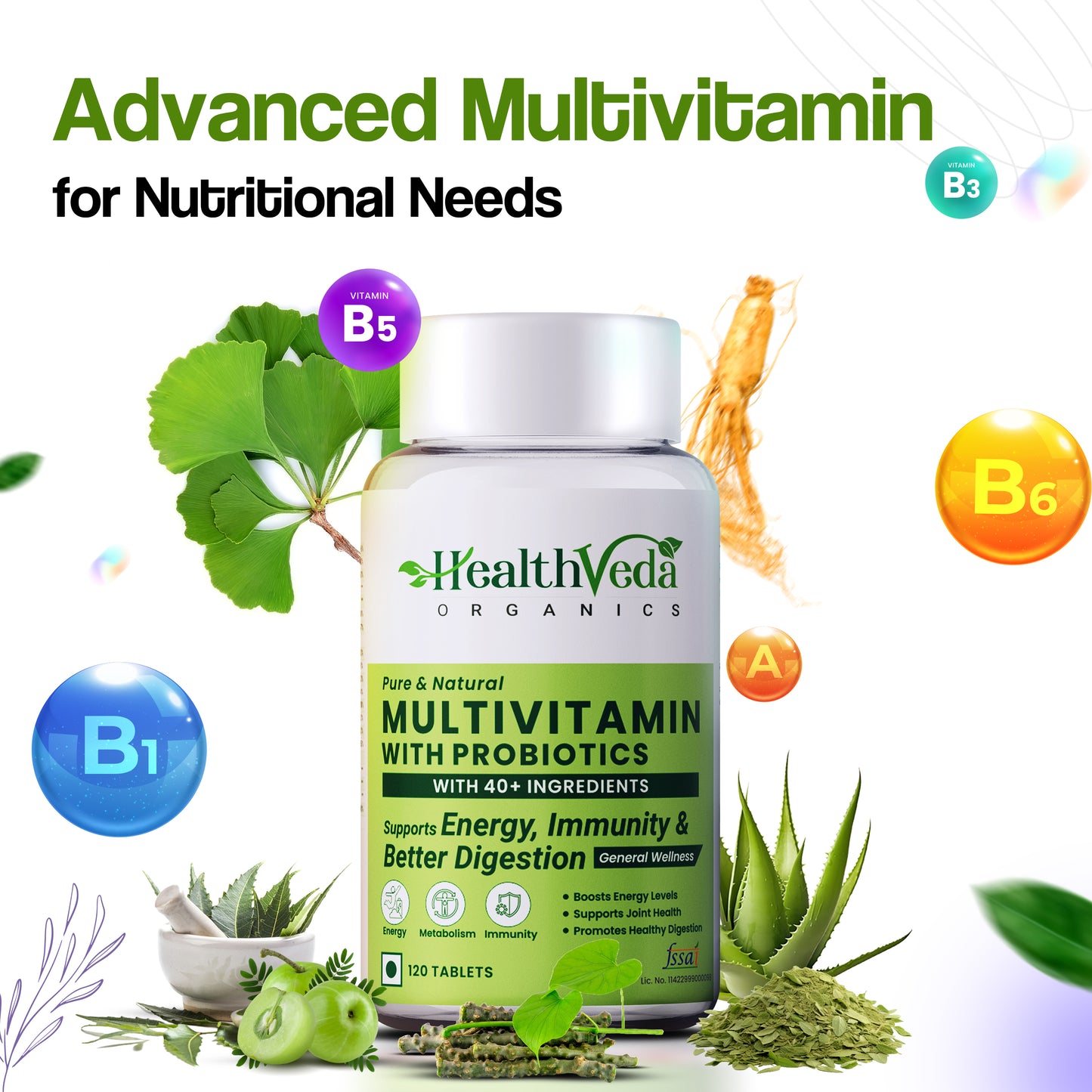 Multivitamin with Probiotics - 45 Ingredients for Men & Women with Vitamin C, D, E, B3, B12, Zinc, Giloy & Biotin (120 Tablets)