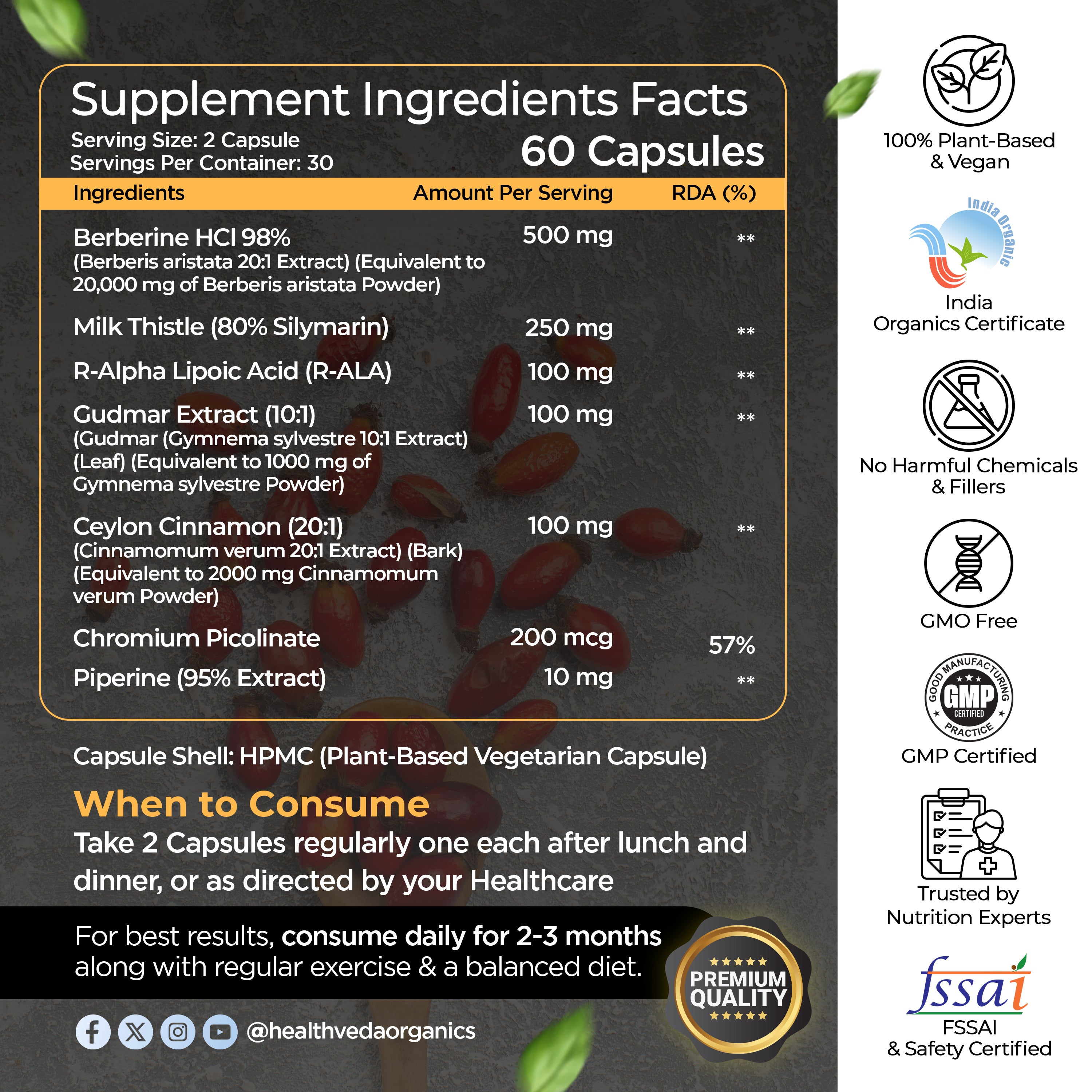 Health Veda Organics Berberine Supplements | Berberine HCL 98% 500mg (1060mg per Serving) | Blood Sugar Support, Metabolism Booster | With Gymnema (Gudmar), Cinnamon, R-ALA, Milk Thistle & Chromium | 60 Veg Capsules